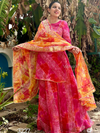 Tarangini Vibrant Pink and Orange Lehriya Kota Doria Gota Patti Set