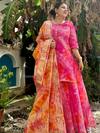 Tarangini Vibrant Pink and Orange Lehriya Kota Doria Gota Patti Set